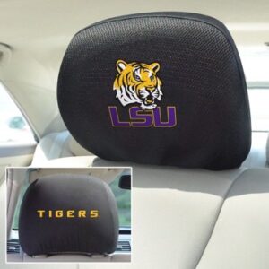 LSU Tigers Auto Headrest Covers branded with LSU Tigers logo and mascot; one displays a tiger face and the name "LSU", the other has "Tigers" embroidered in gold on a black background.