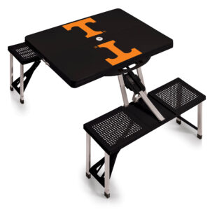 Portable folding Tennessee Vols picnic table with stools, featuring a black top with a large orange "t" logo, designed for University of Tennessee fans.