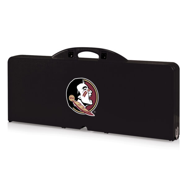Black LSU Tigers Picnic Table featuring the florida state seminoles logo on the side with a sturdy handle for carrying.