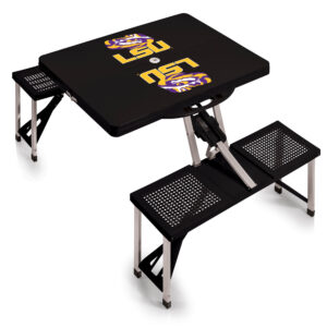 Portable folding LSU Tigers picnic table with stools, featuring a black top with a purple and yellow "lsu tigers" logo, set on a white background.
