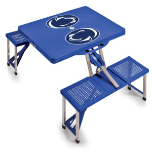 A portable blue Penn State Nittany Lions Picnic Table with attached benches, featuring the Penn State Nittany Lions logo on the tabletop.
