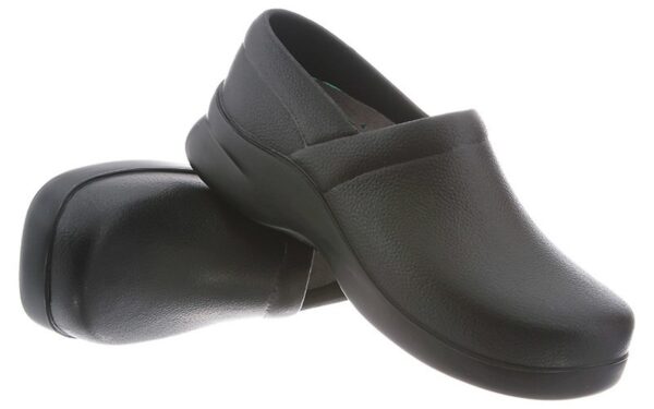 A pair of Boca black leather slip-on shoes against a white background.
