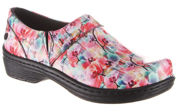 Colorful floral patterned Mission Prints with a rounded toe and black sole, isolated on a white background.