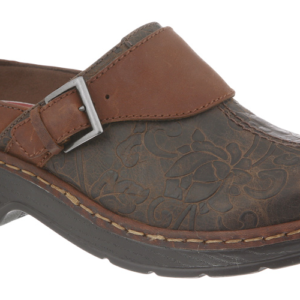Austin leather clog with floral embossing and a buckle strap on a white background.