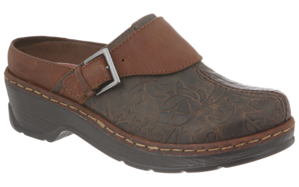 Austin leather clog with floral embossing and a buckle strap on a white background.