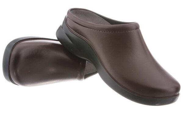 A pair of dark brown leather clogs on a white background.