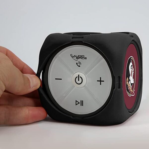 A hand adjusting a FSU Seminoles MX-300 Cubio Bluetooth® Speaker.