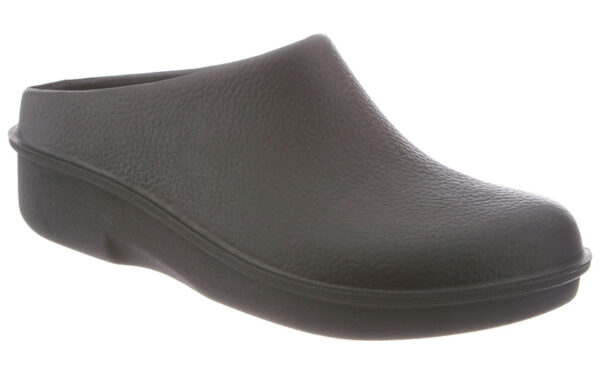 Side view of a black, leather Kennett shoe with a low heel and a seamless design on a white background.