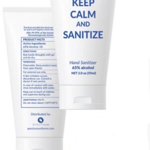 Two tubes of Spectrum Keep Calm And Sanitize 2oz hand sanitizer with 65% alcohol content, detailing product facts and usage instructions.