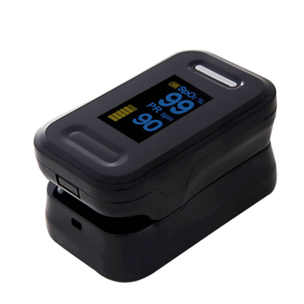 A black Finger Pulse Oximeter displaying an oxygen saturation level of 98% and a pulse rate of 90 beats per minute on a digital screen, with a white background.