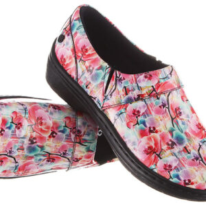 A pair of floral print clogs with vibrant pink and blue colors on a white background.