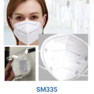 A young woman wearing a Face Mask KN95, with additional images showing different views of the mask and its packaging, labeled "sm335 Face Mask KN95".