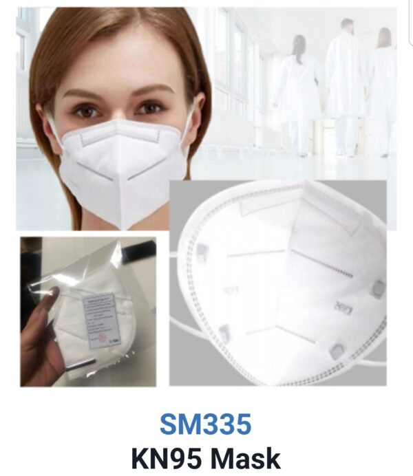 A young woman wearing a Face Mask KN95, with additional images showing different views of the mask and its packaging, labeled "sm335 Face Mask KN95".