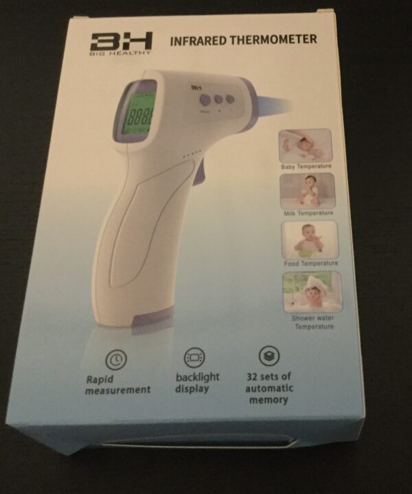 A boxed Infrared Touch Free Thermometer with digital display, shown with icons indicating uses for baby, food, and shower water temperatures.