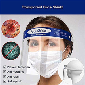 Advertisement for the Full Face Shield Washable Transparent worn by a woman, also wearing a surgical mask, highlighting features like infection prevention and dust protection.