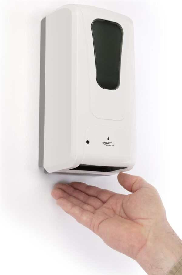 Wall-mounted Hand Sanitizer Dispenser (Refillable) with a person's hand placed underneath it, against a white background.