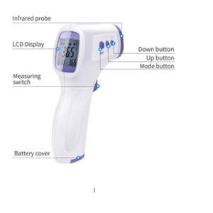Infrared Touch Free Thermometer labeled with parts including infrared probe, lcd display, buttons, and battery cover.