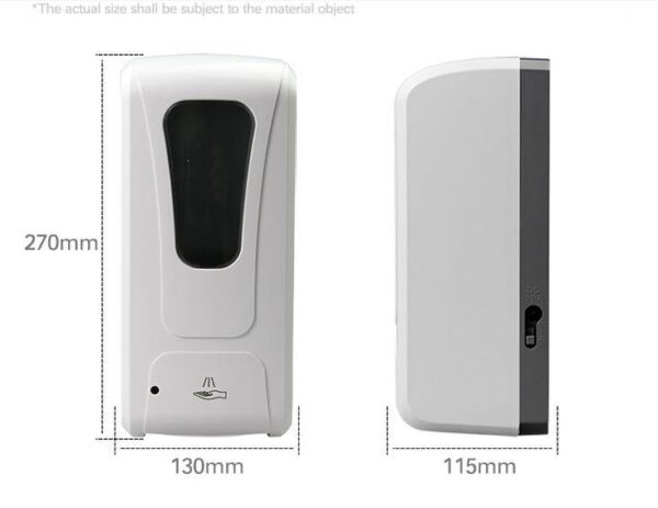 Front and side views of a white automatic Hand Sanitizer Dispenser (Refillable) with dimensions labeled.