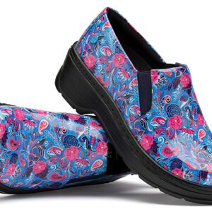 A pair of floral print clogs with vibrant blue and pink patterns on a white background.