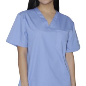 Woman in light blue medical scrubs standing against a white background.
