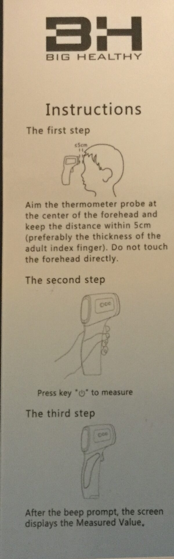 Instruction manual with illustrations showing how to use an Infrared Touch Free Thermometer: placement in mouth, ear, and displaying measured value. Text includes step-by-step guidance.