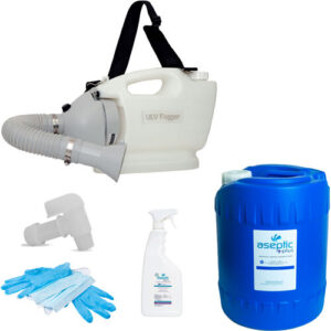 Hanover- AESANITIZINGKITCORDED Disinfectant Handheld Fogger with attachments, spray bottle, blue gloves, and a large blue container of disinfectant.