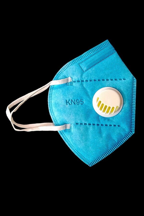 A blue 6 pack KN95 face mask with air valve, isolated on a black background.
