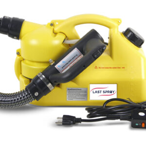 Yellow portable ulv fogger with a flexible hose and plug, labeled "Last Spray Electric Sprayer 7 L", isolated on a white background.