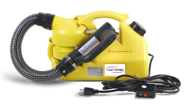 Yellow portable ulv fogger with a flexible hose and plug, labeled "Last Spray Electric Sprayer 7 L", isolated on a white background.