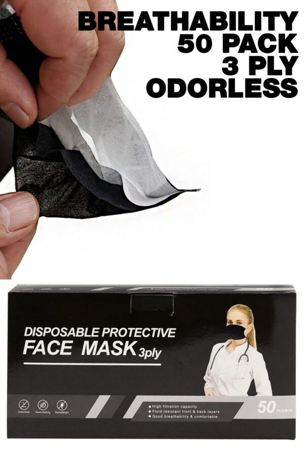 Hand pulling out a BLACK DISPOSABLE SURGICAL FACE MASK - 50 PACK from its packaging which advertises the mask as breathable, odorless, and shows an image of a woman wearing the mask.