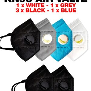 6 PACK KN95 FACE MASK WITH AIR VALVE - MULTI COLOR - INDIVIDUALLY WRAPPED with one white, one grey, one blue, and three black masks, arranged on a white background.
