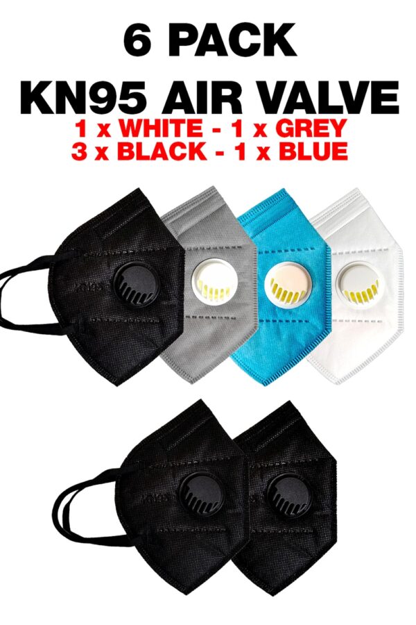 6 PACK KN95 FACE MASK WITH AIR VALVE - MULTI COLOR - INDIVIDUALLY WRAPPED with one white, one grey, one blue, and three black masks, arranged on a white background.