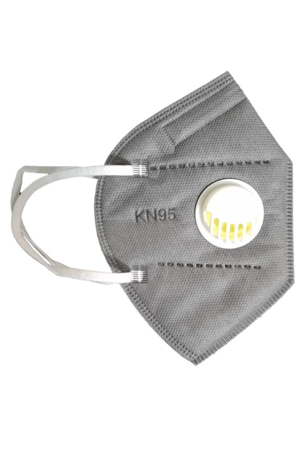 6 PACK KN95 face mask with air valve, multi color, individually wrapped, isolated on a white background.