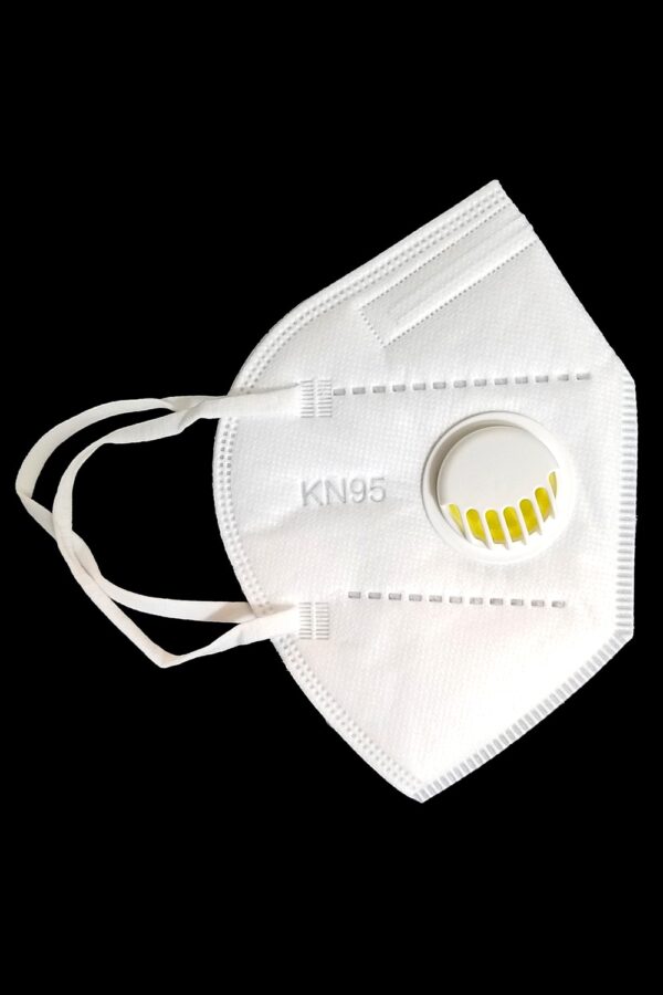 6 PACK KN95 FACE MASK WITH AIR VALVE - MULTI COLOR - INDIVIDUALLY WRAPPED respirator mask, isolated on a black background.