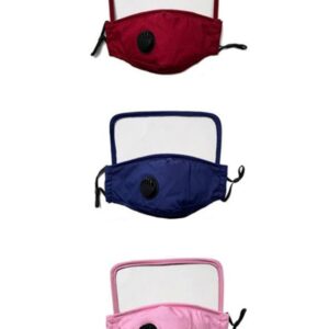Three colorful FACE MASKS WITH AIR VALVE AND FACE SHIELDS, displayed vertically: red, blue, and pink, all against a white background.