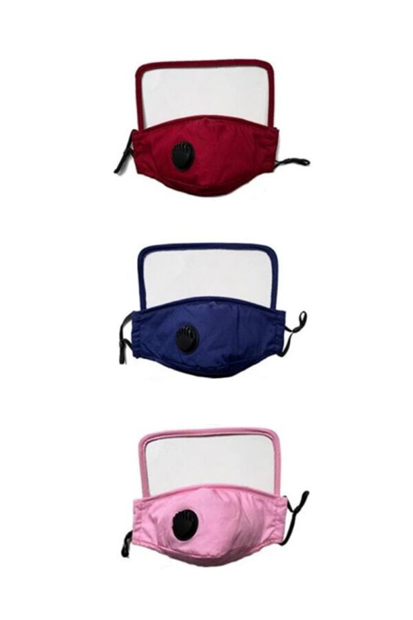 Three colorful FACE MASKS WITH AIR VALVE AND FACE SHIELDS, displayed vertically: red, blue, and pink, all against a white background.