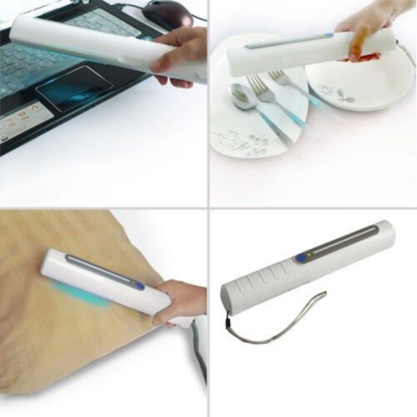 A collage of four images showcasing a UV Light Sanitizer being used on a laptop, dishes, a wooden surface, and displayed alone.