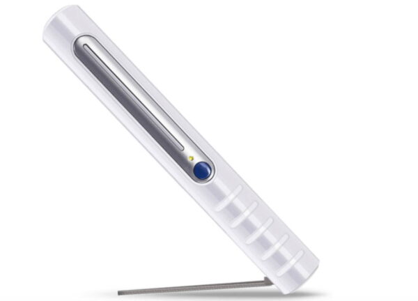 A white UV Light Sanitizer with digital controls and a blue indicator light, positioned at an angle on a plain background.