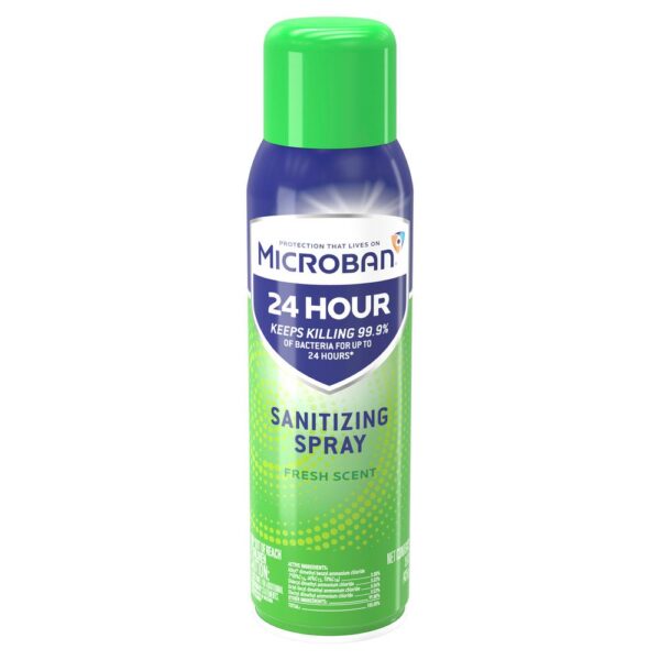 A can of Microban 24-Hour 15 oz. Fresh Scent Disinfectant Spray, designed to kill 99.9% of bacteria.