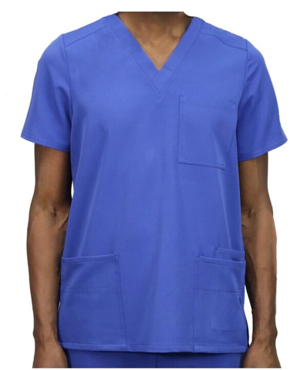 A person in a WYND Men's Scrub Top 820 with a v-neck and pockets, cropped at the neck and just above the waist.