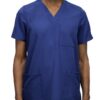 Person wearing a blue WYND Men's Scrub Top 820 with a v-neck and three visible pockets.