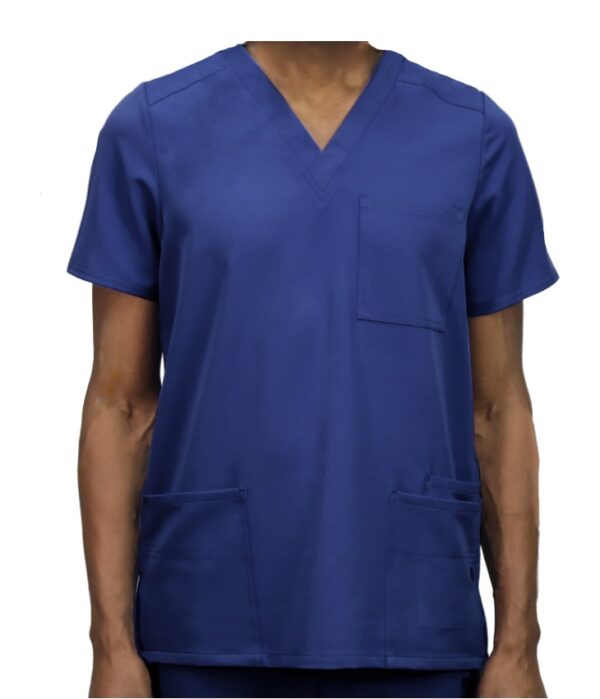 Person wearing a blue WYND Men's Scrub Top 820 with a v-neck and three visible pockets.