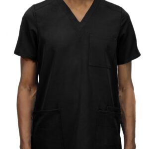 A man wearing a WYND Men's Scrub Top 820 with short sleeves and three visible pockets.