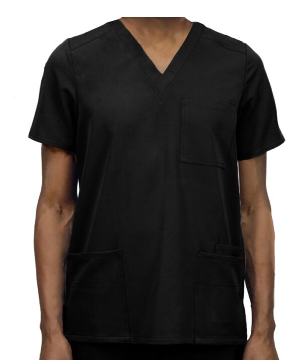 A man wearing a WYND Men's Scrub Top 820 with short sleeves and three visible pockets.