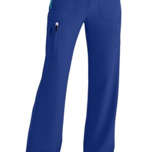 Blue CROSS FLEX UTILITY BOOT CUT SCRUB PANT C52110 with multiple pockets and teal drawstring, displayed on a mannequin legs wearing colorful sneakers.