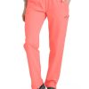 Bright neon orange Comfort Waist Utility Cargo Pants (Women's C53106) with an elastic waistband, side pocket featuring a logo, and paired with black and gray sneakers.