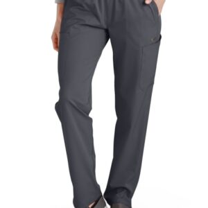 Woman wearing gray Comfort Waist Utility Cargo Pants (Women's C53106) with a side pocket, paired with dark gray slip-on shoes.