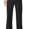 Man wearing black cargo pants and black shoes, standing with hands partially inserted into pockets, isolated on a white background.