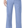 A person wearing light blue cargo pants with black shoes, standing with one hand slightly in a pocket.