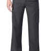 Man wearing gray cargo pants with pockets, shown from waist to shoes, against a white background.